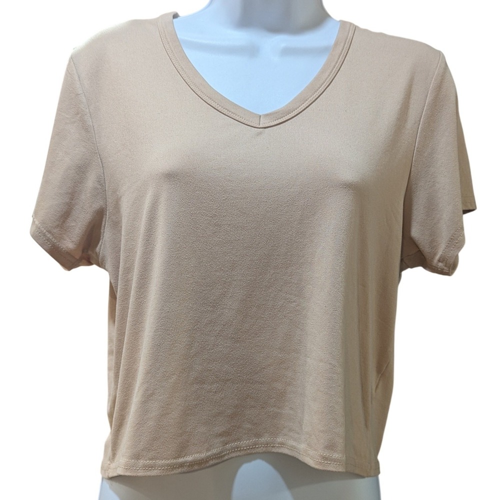 Olivia Rae New York Womens V-Neck Short Sleeve Crop Top Tan Beige Size L